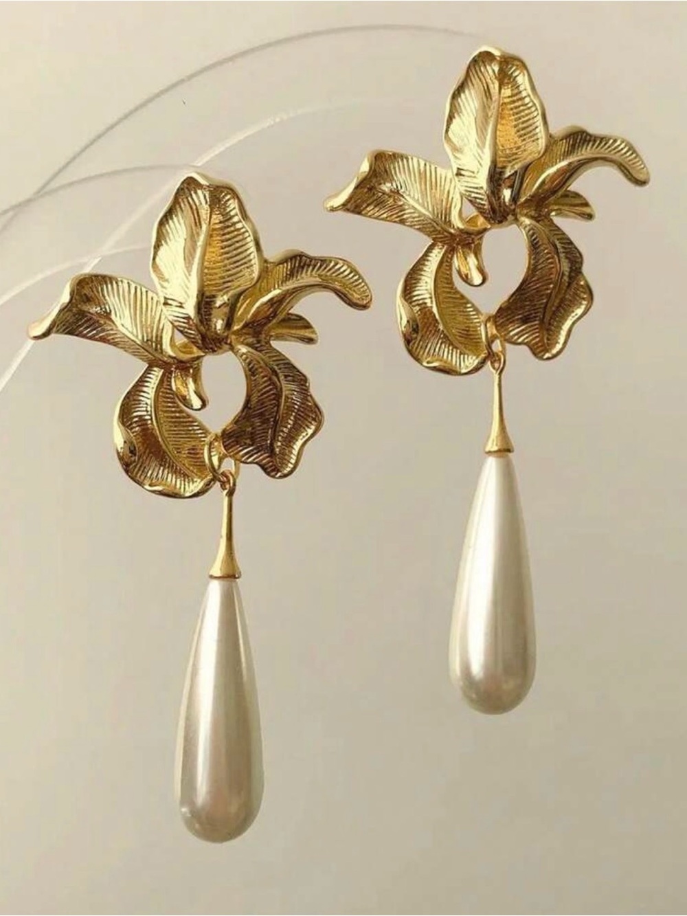 Gold Floral Drop Earrings with Pearl Teardrops
